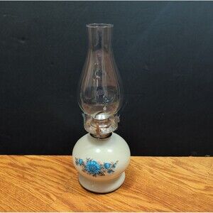 Lamplight Farms Blue Floral Porcelain Oil Lamp Kerosene Clear Glass Chimney 14.5